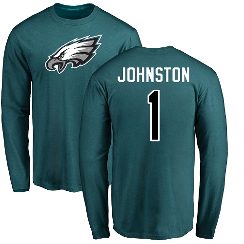 Men Philadelphia Eagles #1 Cameron Johnston Green Name and Number Logo Long Sleeve NFL T Shirt